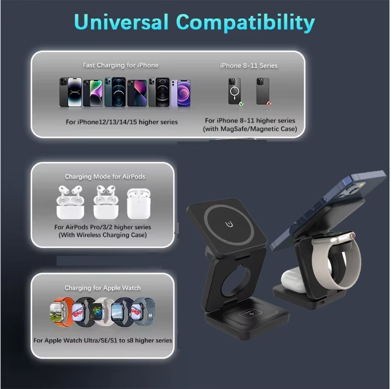 3 in 1 Wireless Charger Stand Magnetic Foldable Wireless Charging Station for iPhone 16 15 14 13 Pro Max Apple Watch 8 9 Charger